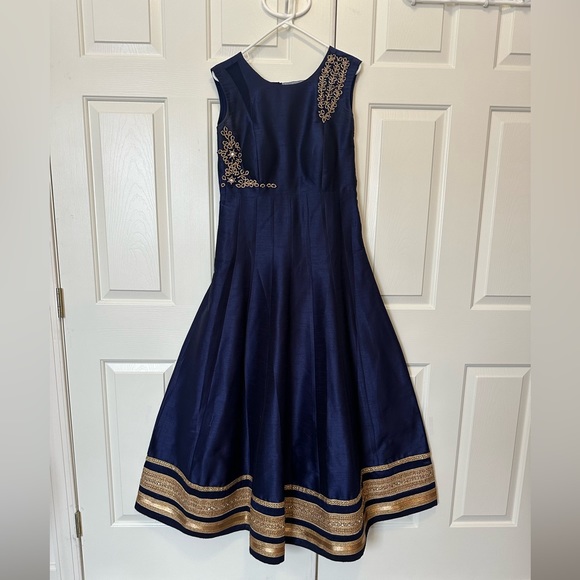Midnight Blue Floor Length Gown with Gold Detailing - Picture 1 of 4